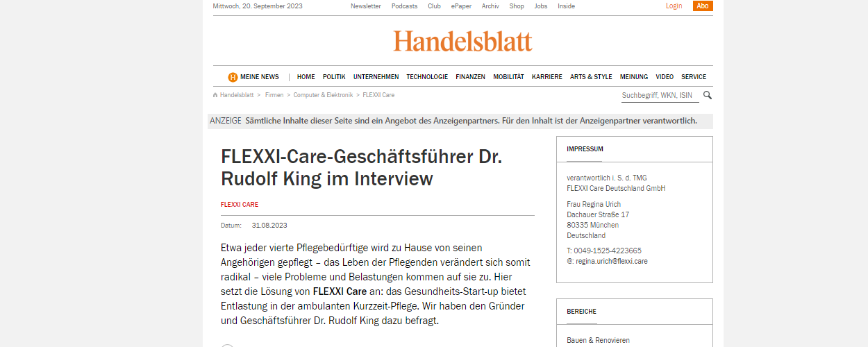 FLEXXI-Care-Geschäftsführer Dr. Rudolf King Interview im Handelsblatt